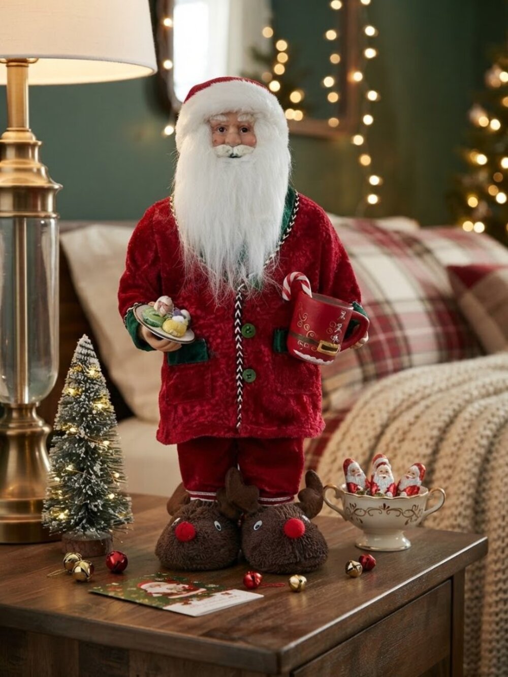 Pajama Santa Claus Figure Reindeer Slippers Mug Cookies Standing Christmas Decor